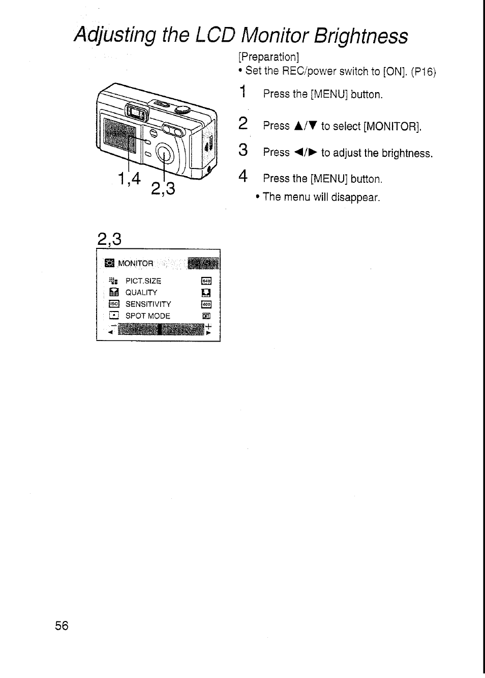 Mjusting the lcd monitor brightness, Adjusting the lcd monitor brightness, A / t | Panasonic DMC-F7A User Manual | Page 56 / 76