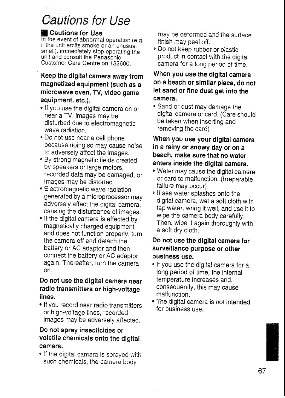 Obutions for use, Cautions for use | Panasonic DMC-F7A User Manual | Page 67 / 76