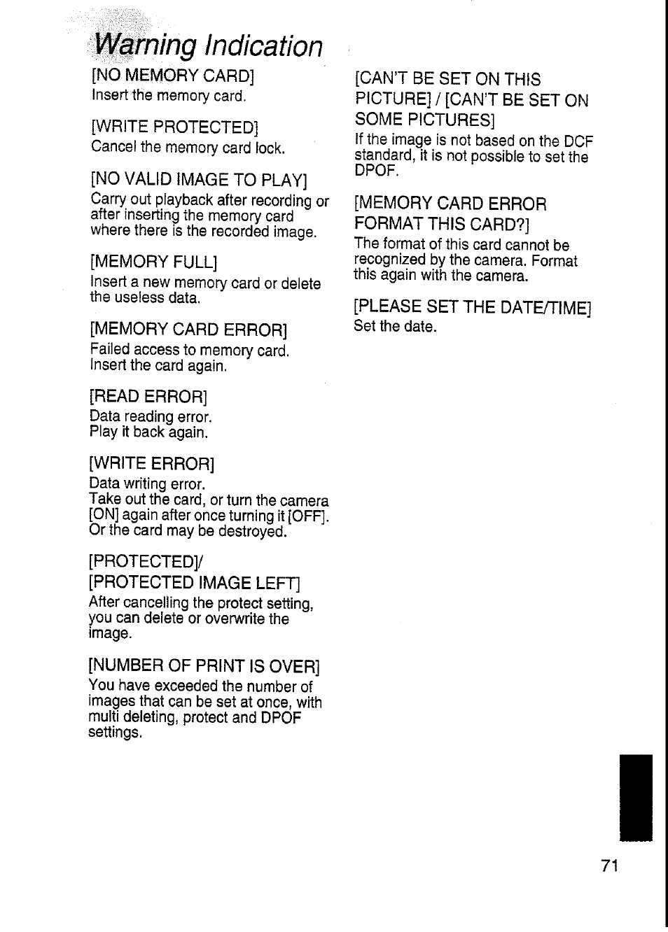 Ii/^§fning indication, Warning indication | Panasonic DMC-F7A User Manual | Page 71 / 76