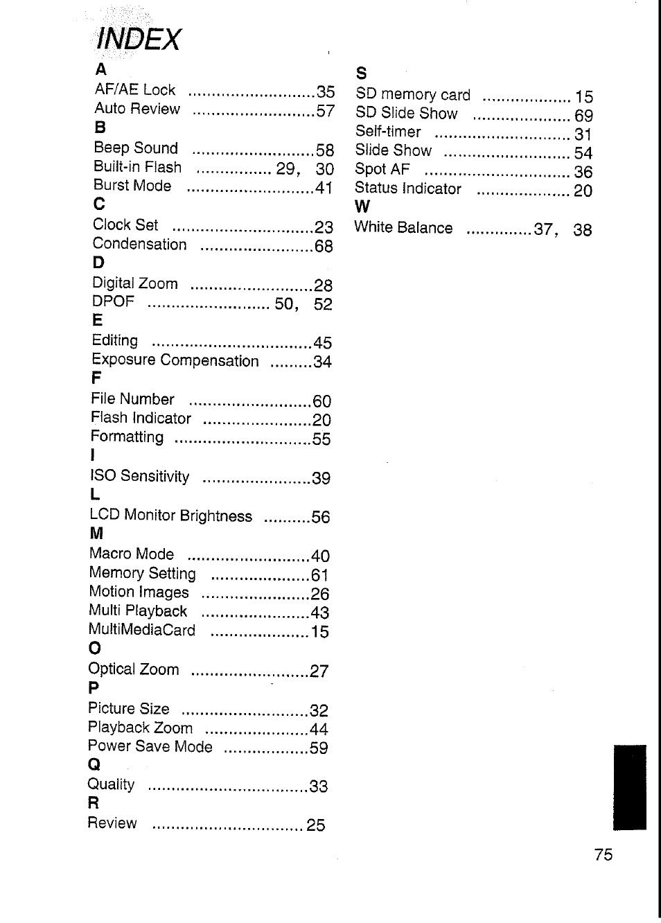 Index | Panasonic DMC-F7A User Manual | Page 75 / 76