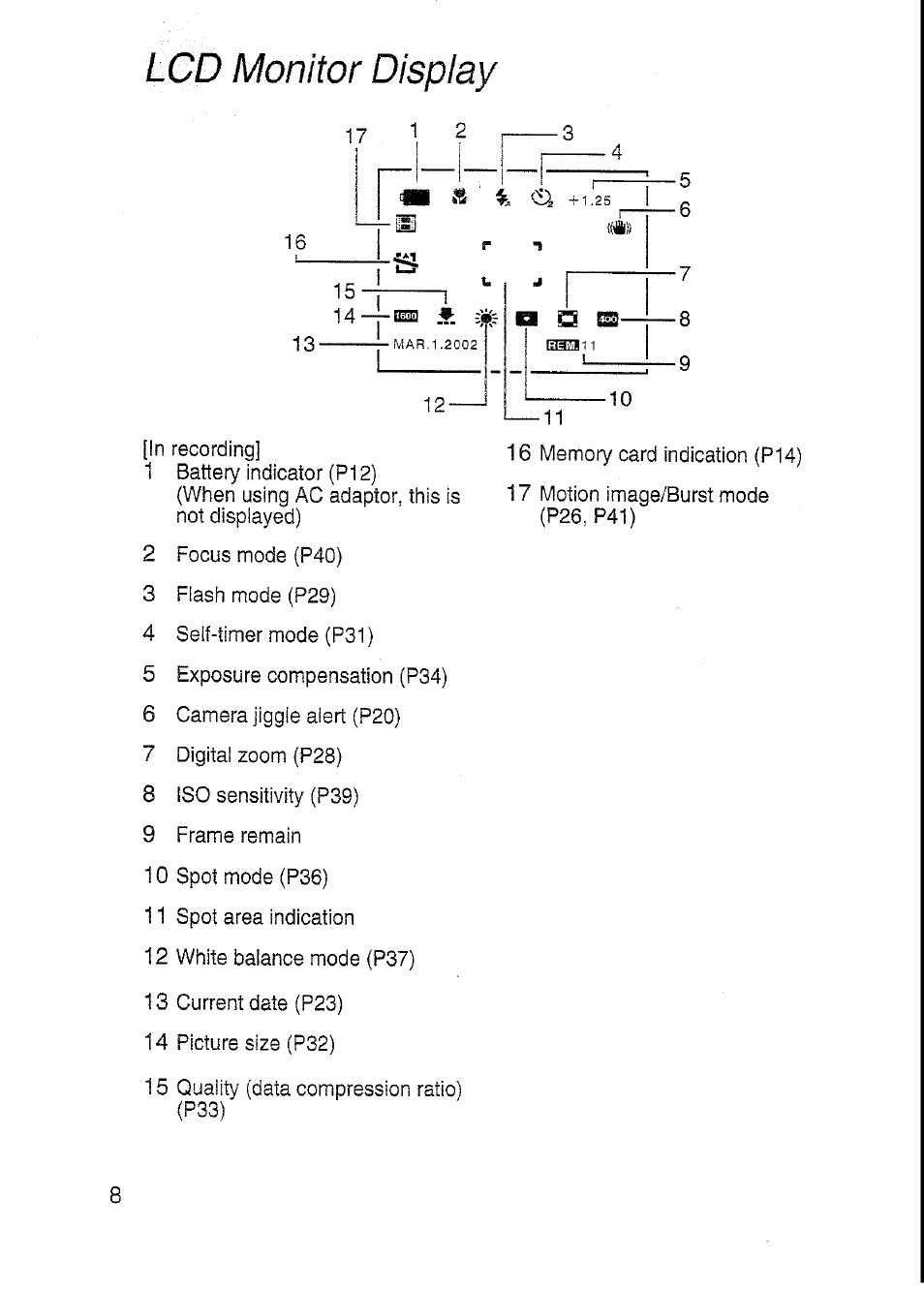Lcd monitor display | Panasonic DMC-F7A User Manual | Page 8 / 76