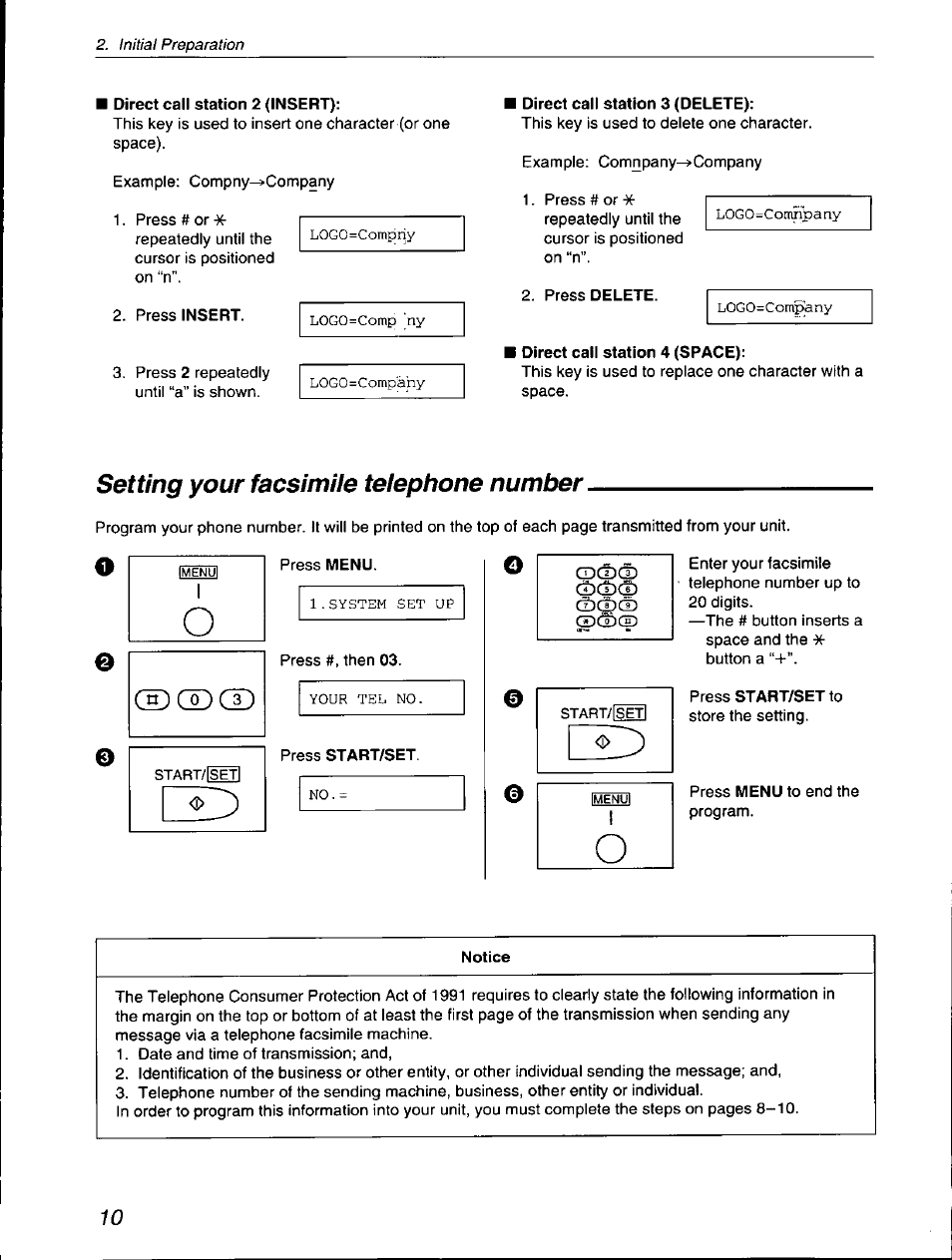 Direct call station 2 (insert), Direct call station 3 (delete), Direct call station 4 (space) | Setting your facsimile telephone number, Notice, Сю cd | Panasonic KX-F560 User Manual | Page 10 / 60