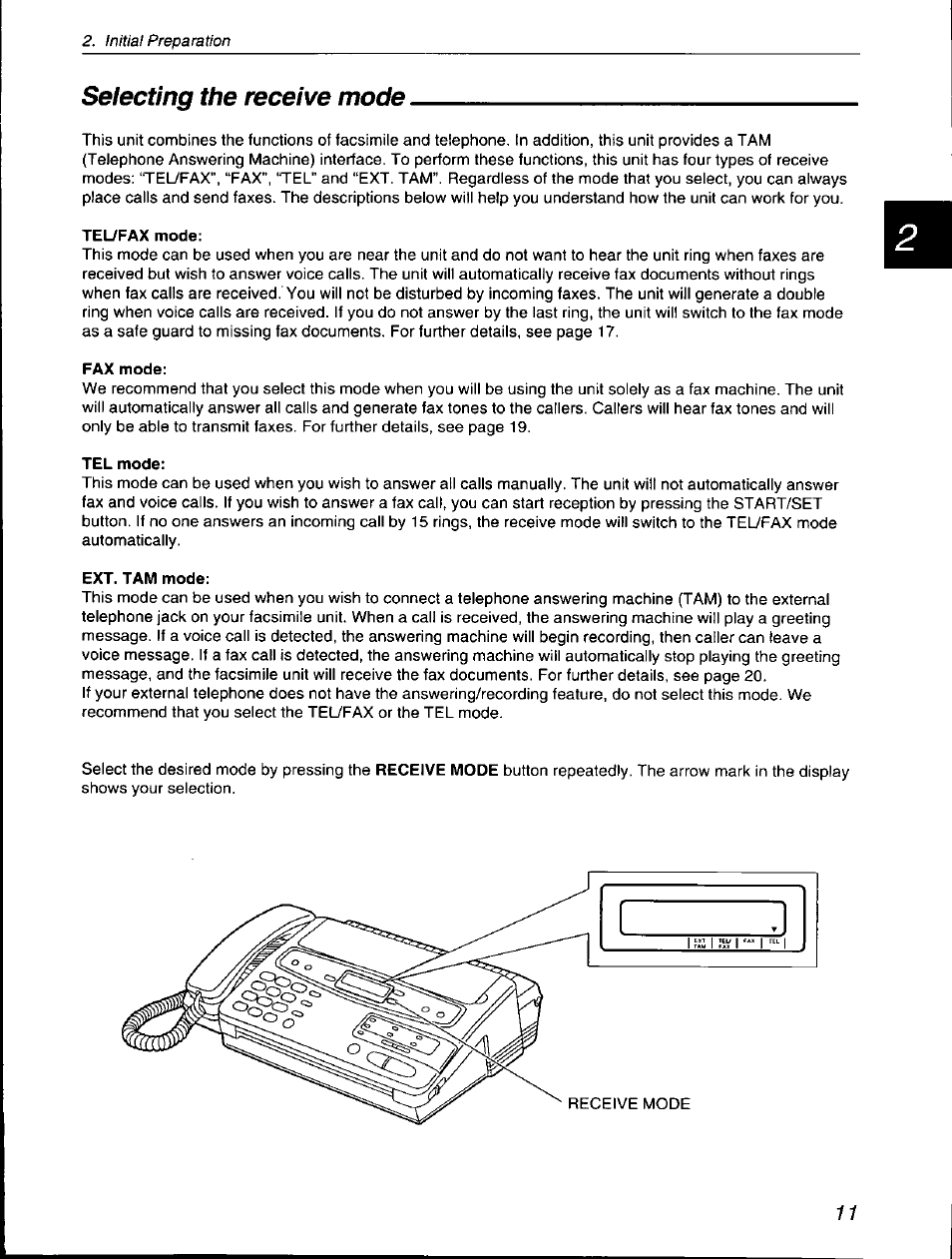 Selecting the receive mode, Tel/fax mode, Fax mode | Tel mode, Ext. tam mode | Panasonic KX-F560 User Manual | Page 11 / 60