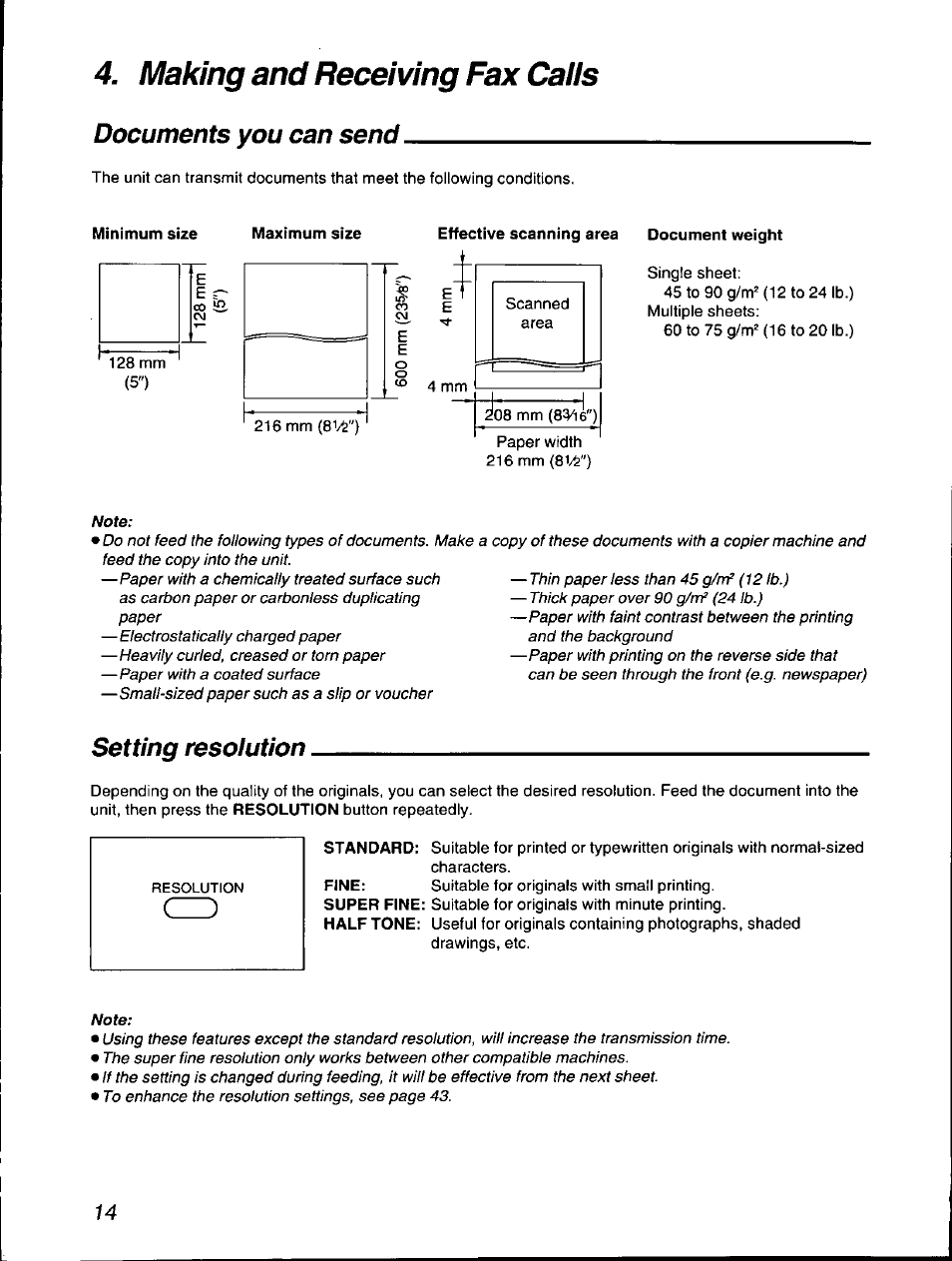 Effective scanning area document weight, Setting resolution, Making and receiving fax caiis | Documents you can send | Panasonic KX-F560 User Manual | Page 14 / 60