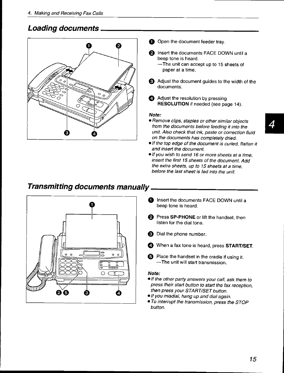 Loading documents, Transmitting documents manuaily | Panasonic KX-F560 User Manual | Page 15 / 60