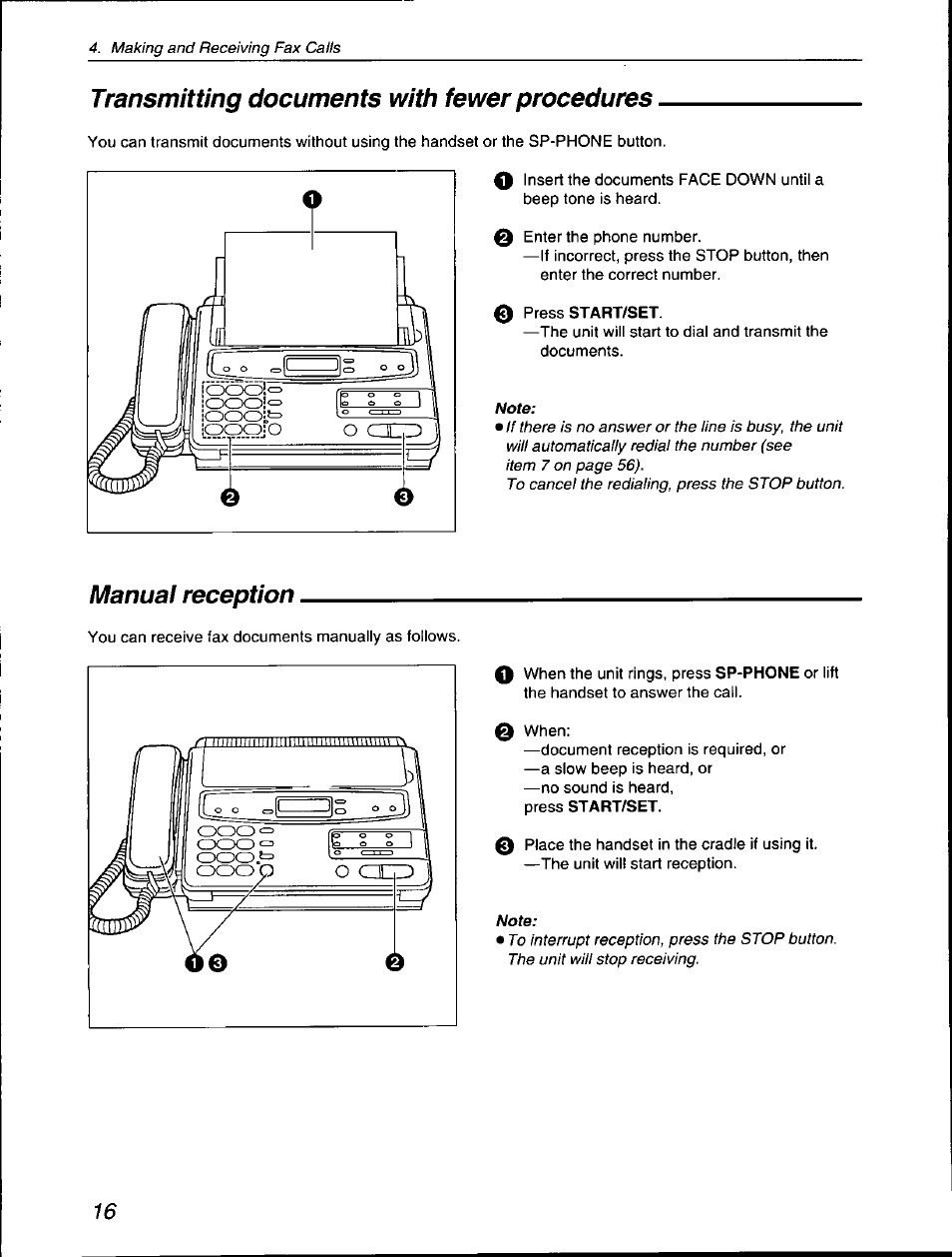 Transmitting documents with fewer procedures, 0 press start/set, Manuai reception | Manual reception | Panasonic KX-F560 User Manual | Page 16 / 60