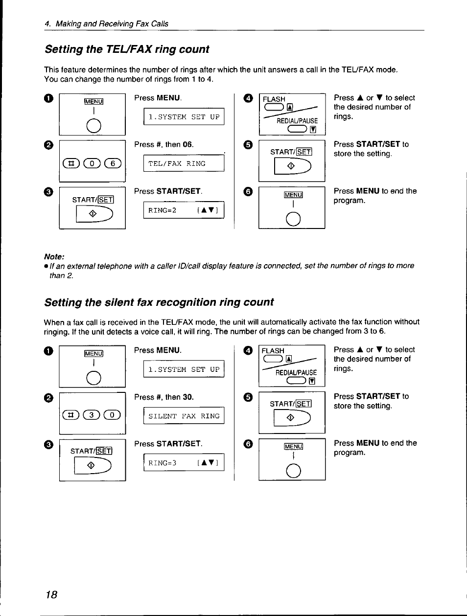 Setting the tel/fax ring count, Setting the silent fax recognition ring count | Panasonic KX-F560 User Manual | Page 18 / 60