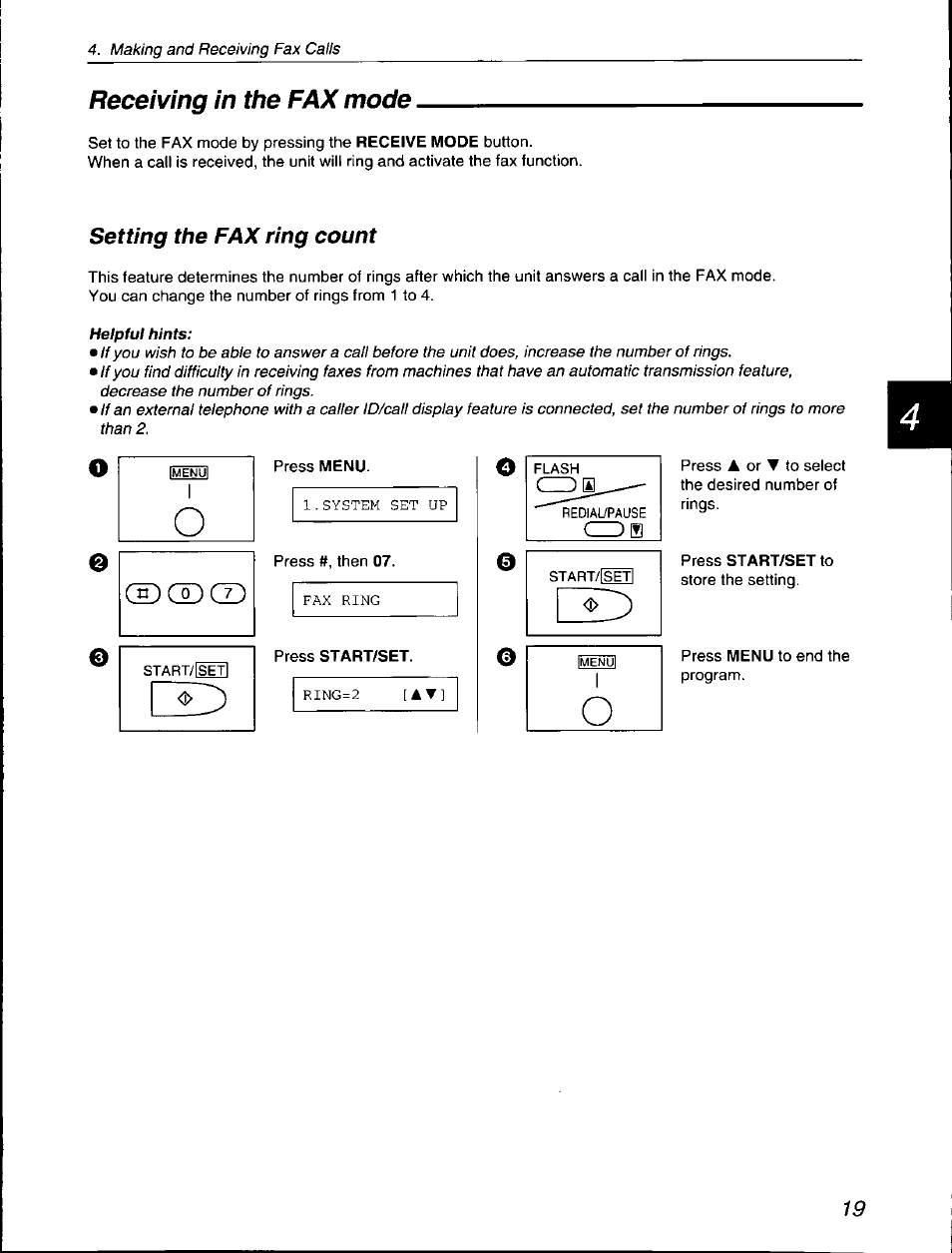 Receiving in the fax mode, Setting the fax ring count | Panasonic KX-F560 User Manual | Page 19 / 60