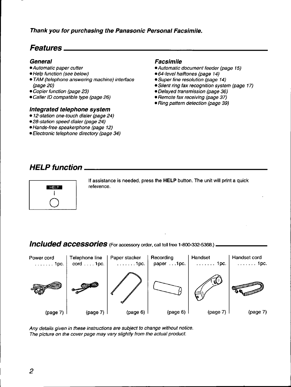 Features, Help function, Included accessories | Panasonic KX-F560 User Manual | Page 2 / 60