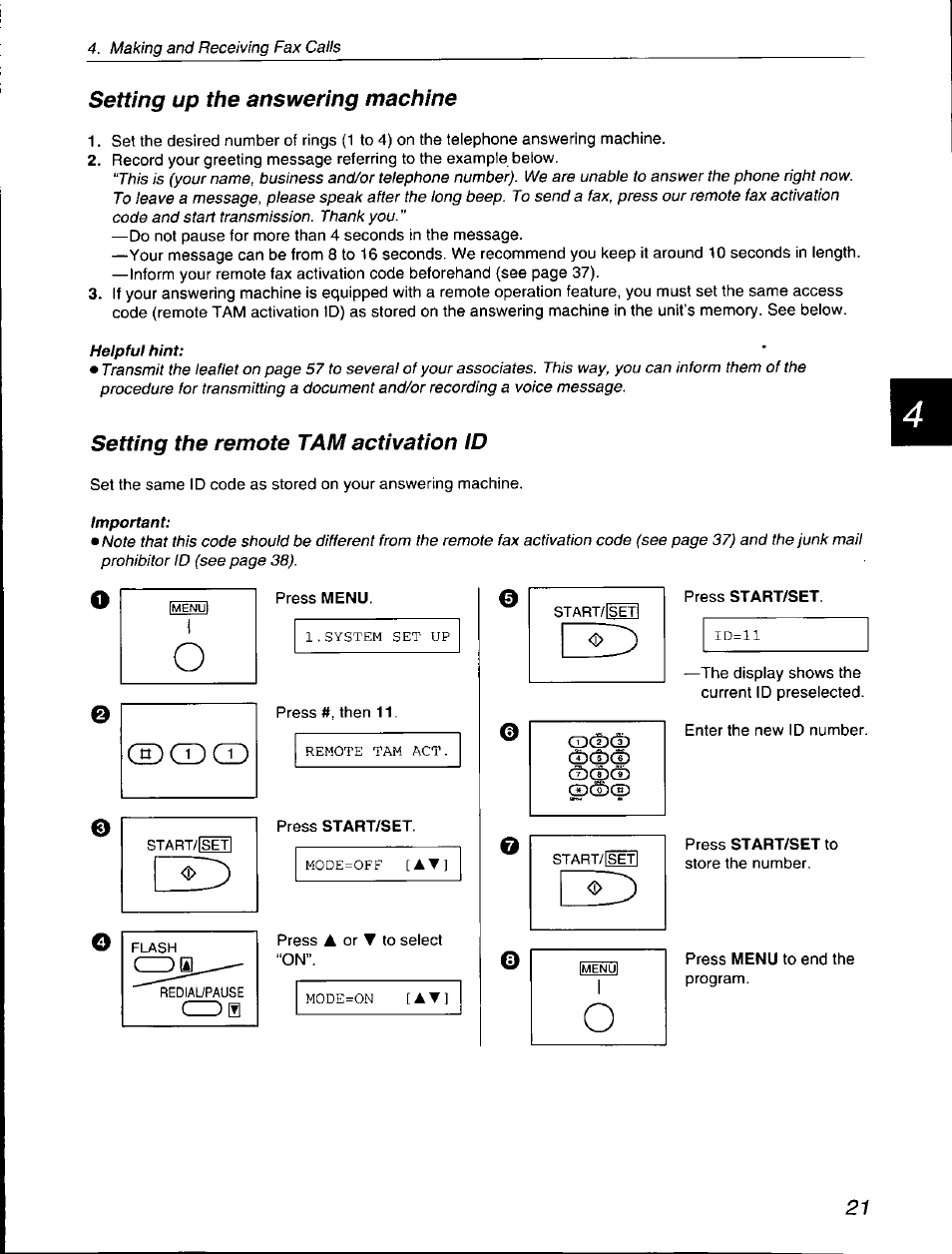 Setting up the answering machine, Setting the remote tam activation id | Panasonic KX-F560 User Manual | Page 21 / 60