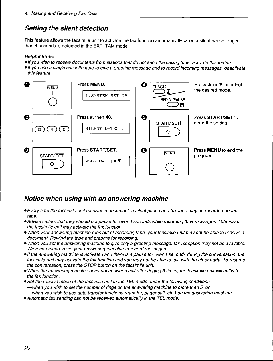 Setting the silent detection, Notice when using with an answering machine | Panasonic KX-F560 User Manual | Page 22 / 60