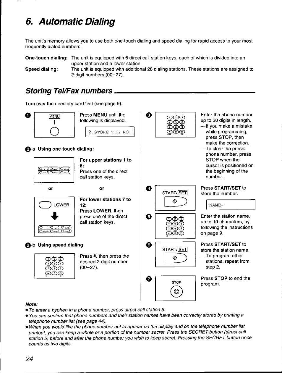 Storing tel/fax numbers, For upper stations 1 to 6, For lower stations 7 to 12 | B using speed dialing, Automatic dialing | Panasonic KX-F560 User Manual | Page 24 / 60