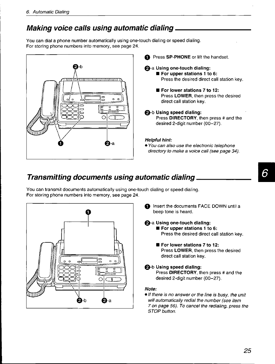 Making voice caiis using automatic diaiing, A using one-touch dialing, For lower stations 7 to 12 | E -b using speed dialing, Transmitting documents using automatic diaiing, B using speed dialing | Panasonic KX-F560 User Manual | Page 25 / 60