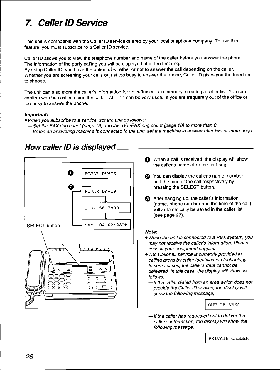 How caller id is displayed, Caller id service | Panasonic KX-F560 User Manual | Page 26 / 60