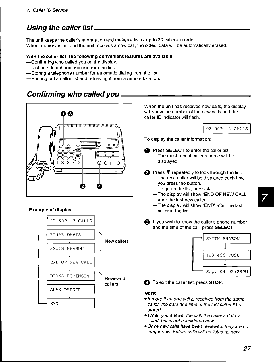 Using the caller list, Confirming who called you, Example of display | Panasonic KX-F560 User Manual | Page 27 / 60