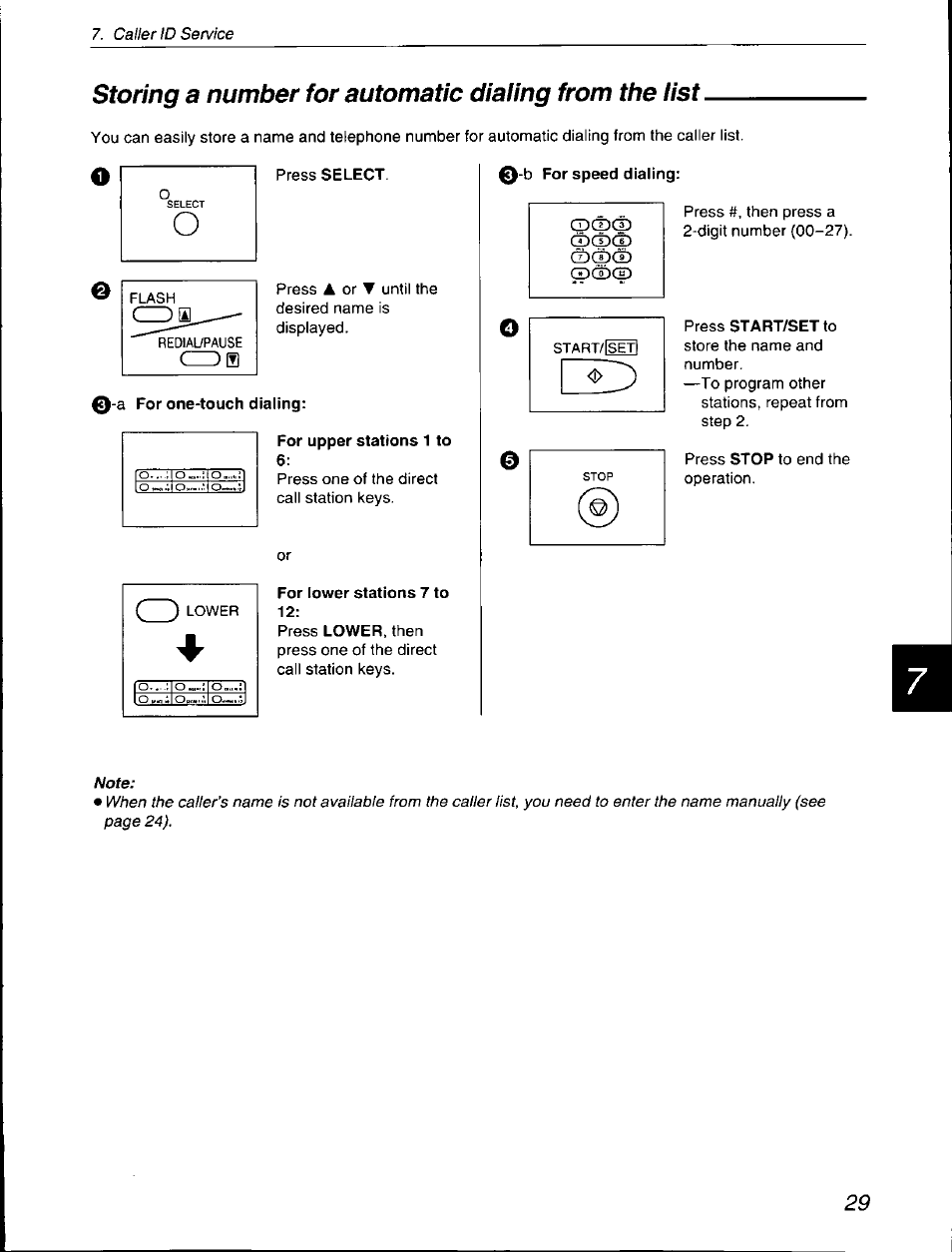 E -b for speed dialing, A for one-touch dialing, For lower stations 7 to 12 | Press start/set to | Panasonic KX-F560 User Manual | Page 29 / 60