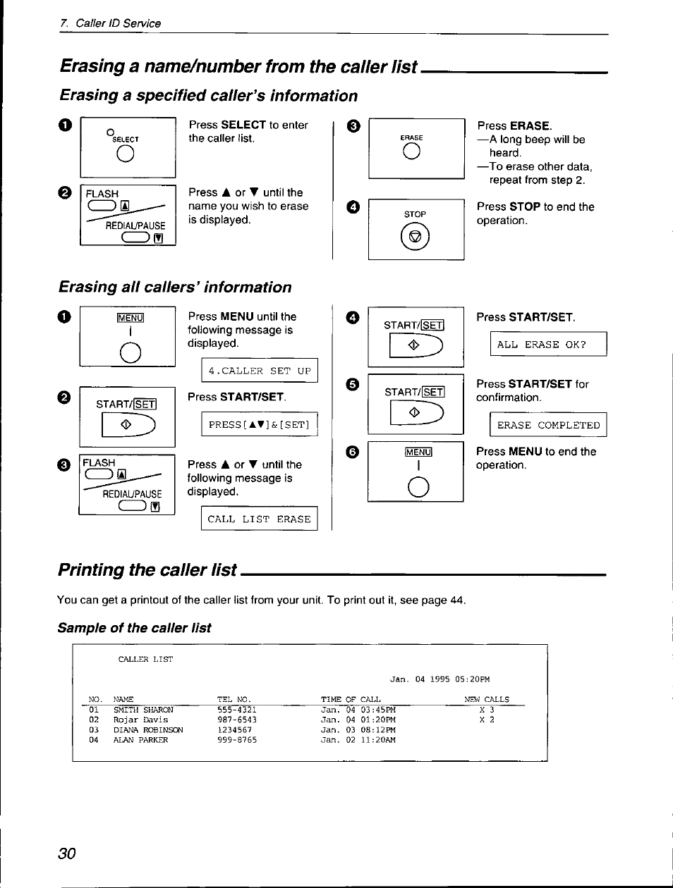 Erasing a name/number from the caller list, Erasing a specified caiier’s information, Erasing ail callers' information | Printing the caller list | Panasonic KX-F560 User Manual | Page 30 / 60