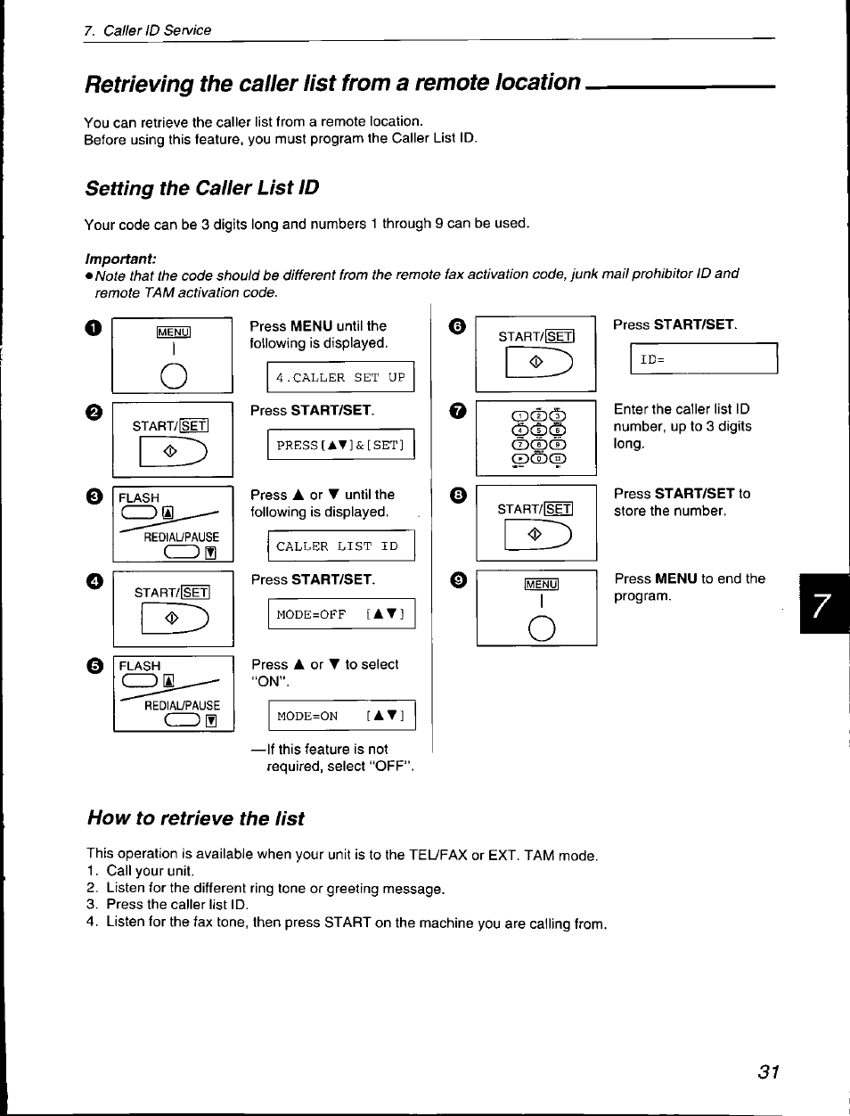 Retrieving the caiier iist from a remote iocation, Setting the caller list id, How to retrieve the list | Panasonic KX-F560 User Manual | Page 31 / 60