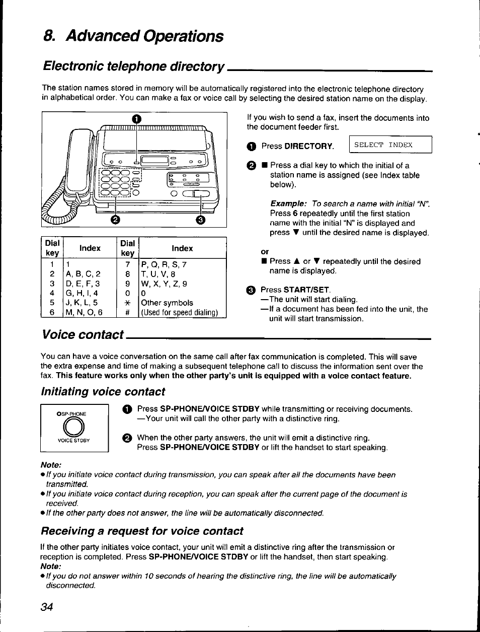 Electronic telephone directory, 0 press start/set, Voice contact | Nitiating voice contact, Receiving a request for voice contact, Advanced operations | Panasonic KX-F560 User Manual | Page 34 / 60