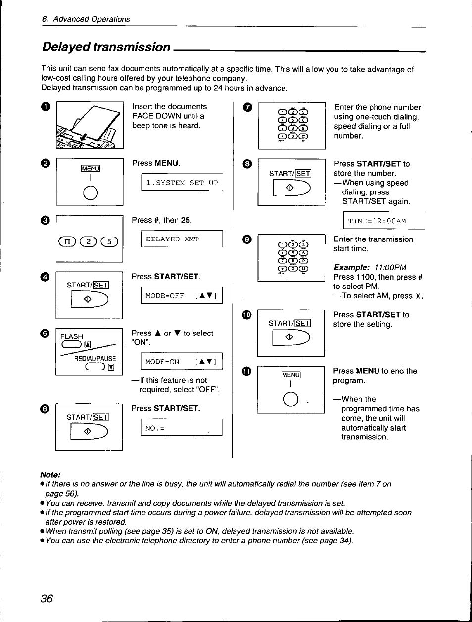 Delayed transmission, Press start/set, Press start/set to | Cdcdcii | Panasonic KX-F560 User Manual | Page 36 / 60