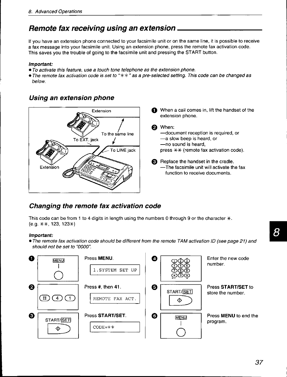 Remote fax receiving using an extension, Using an extension phone, Changing the remote fax activation code | Panasonic KX-F560 User Manual | Page 37 / 60