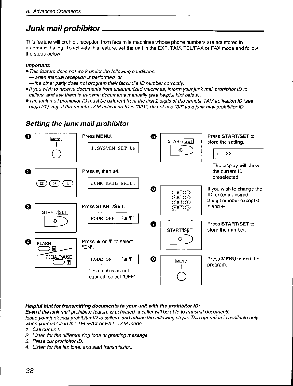 Junk mail prohibitor, Setting the junk mail prohibitor | Panasonic KX-F560 User Manual | Page 38 / 60