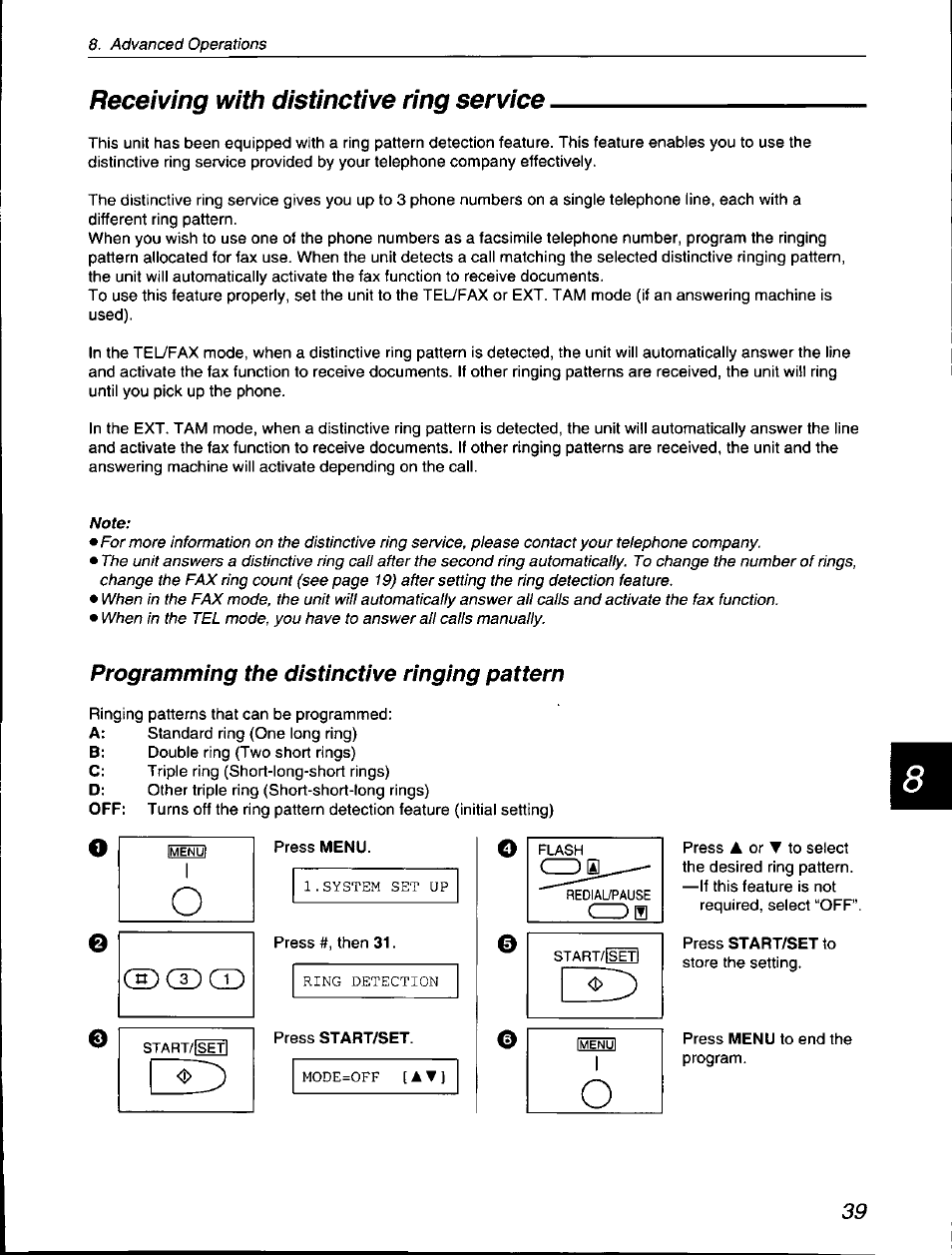 Receiving with distinctive ring service, Programming the distinctive ringing pattern | Panasonic KX-F560 User Manual | Page 39 / 60