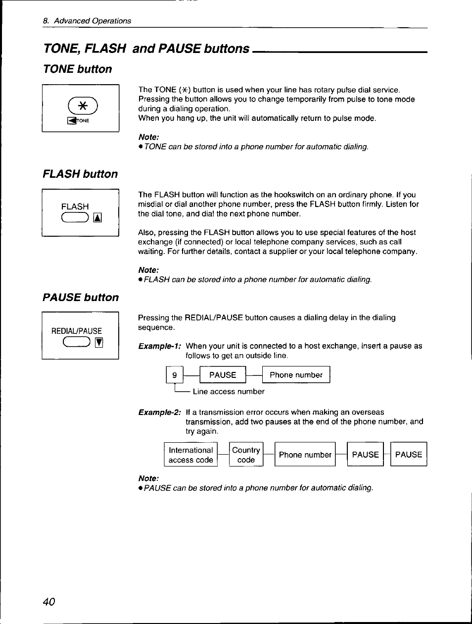 Tone, flash and pause buttons, Tone button, Flash button | Pause button, Flash button pause button | Panasonic KX-F560 User Manual | Page 40 / 60