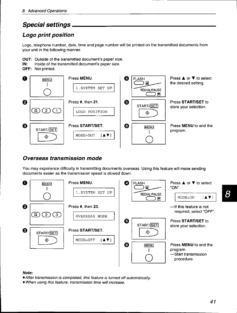 Special settings, Logo print position, Press start/set to | Overseas transmission mode, Press start/set | Panasonic KX-F560 User Manual | Page 41 / 60