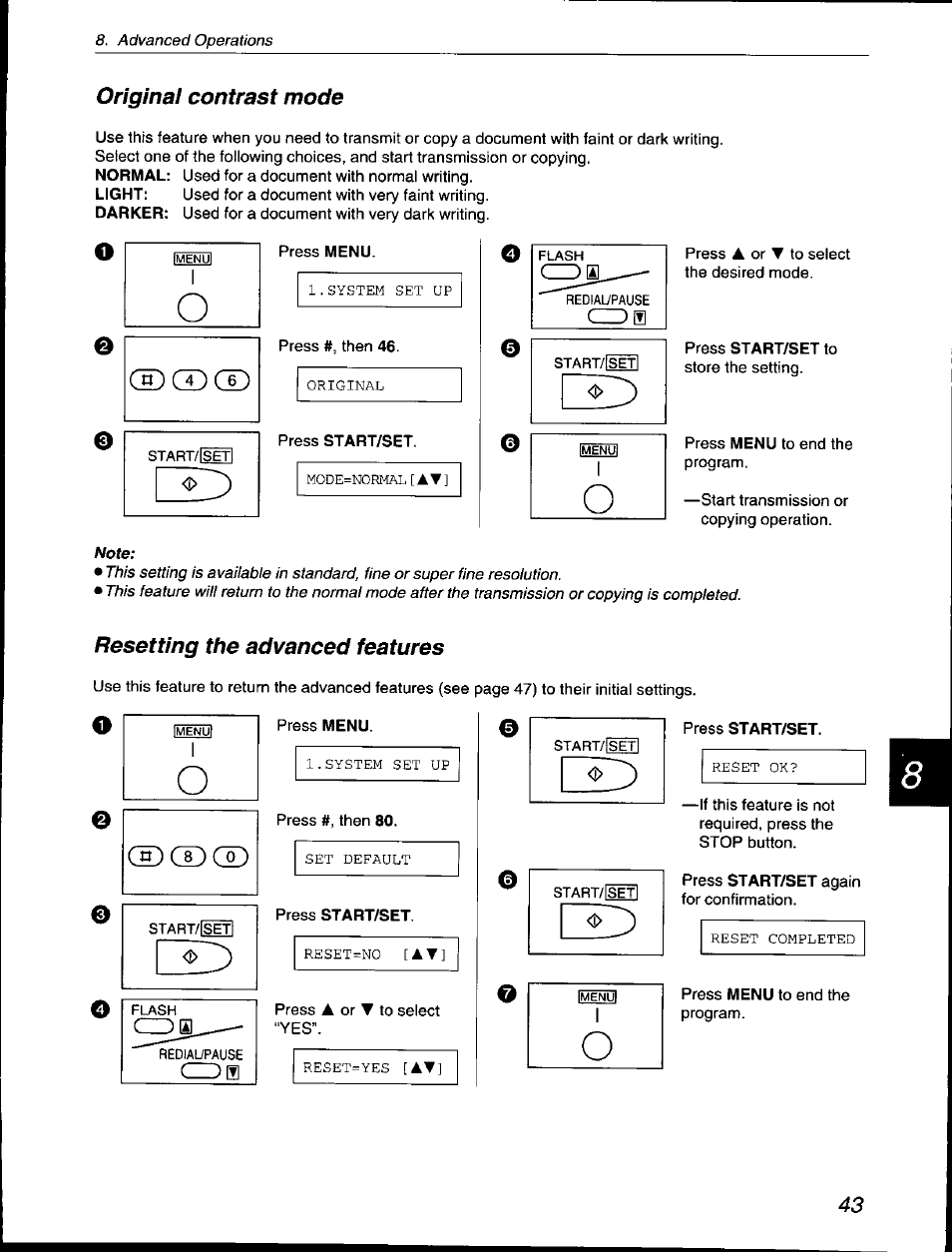 Original contrast mode, Resetting the advanced features, Cidffl | Panasonic KX-F560 User Manual | Page 43 / 60