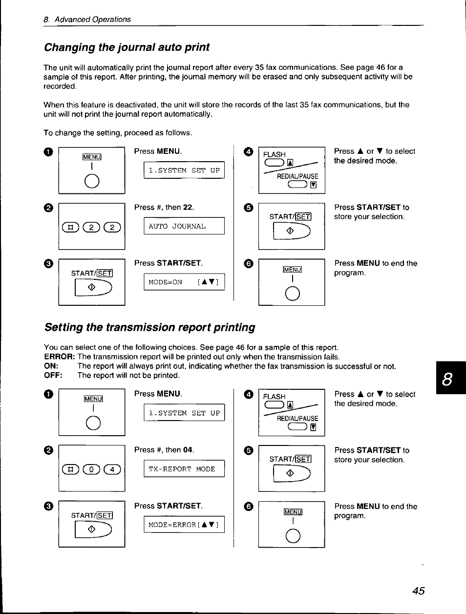 Changing the journal auto print, Setting the transmission report printing | Panasonic KX-F560 User Manual | Page 45 / 60