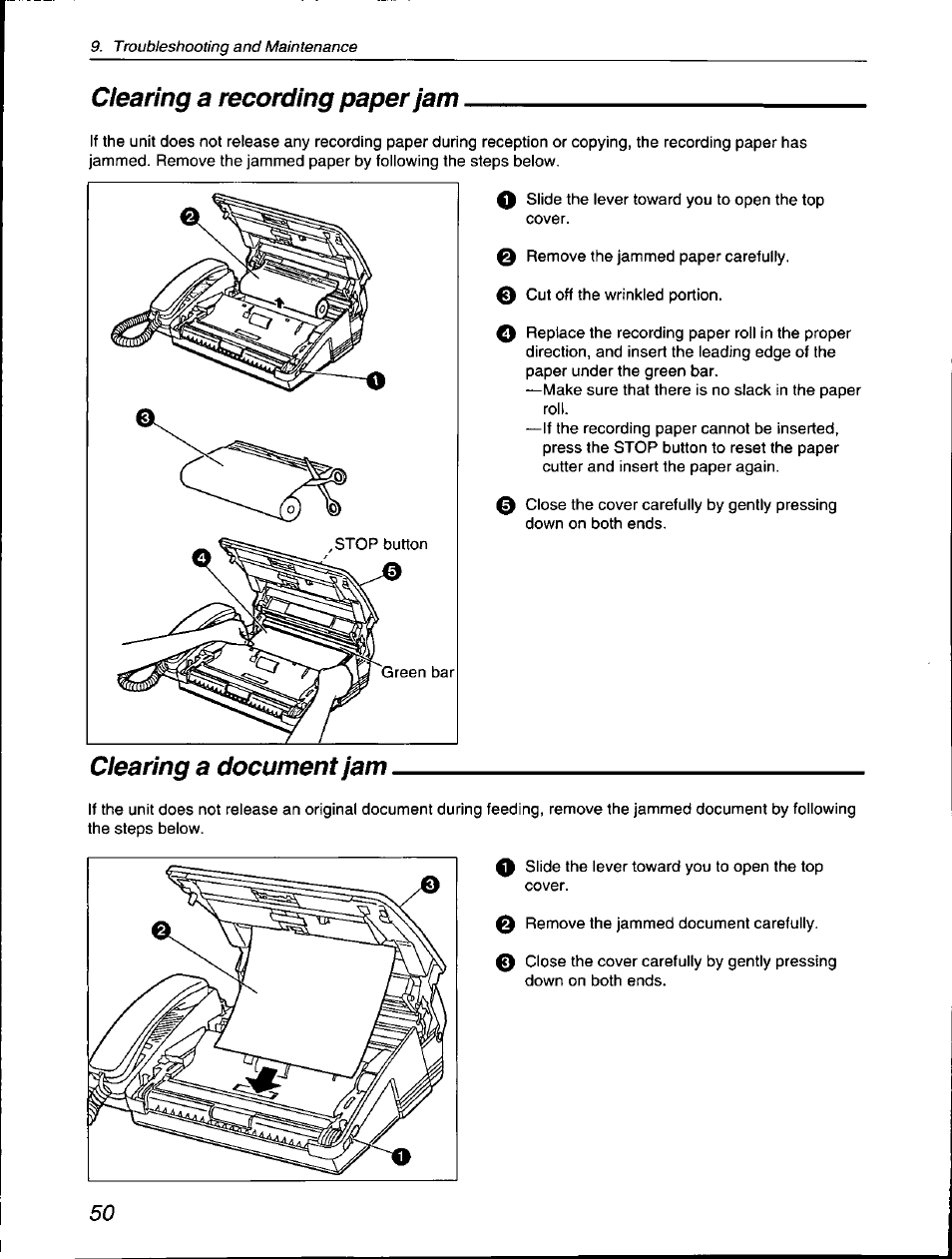 Clearing a recording paper jam, Clearing a document jam | Panasonic KX-F560 User Manual | Page 50 / 60
