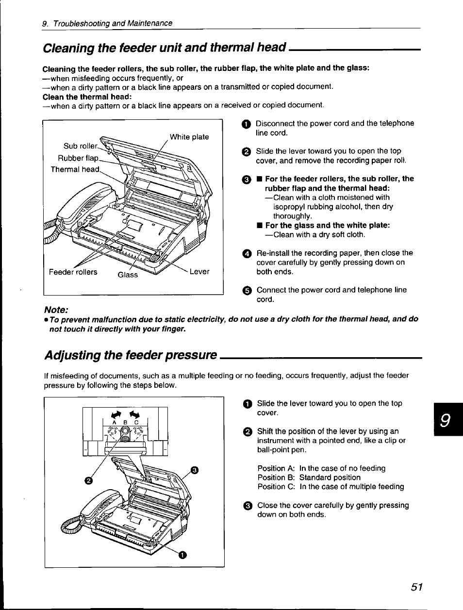 Cleaning the feeder unit and thermal head, Adjusting the feeder pressure | Panasonic KX-F560 User Manual | Page 51 / 60