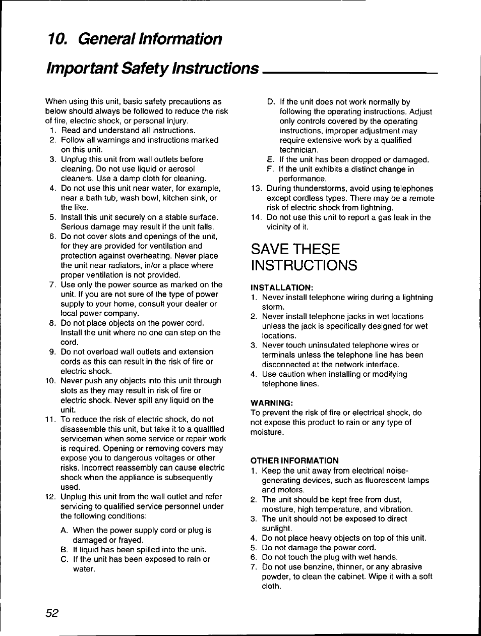 Installation, Warning, Other information | General information important safety instructions, Save these instructions | Panasonic KX-F560 User Manual | Page 52 / 60