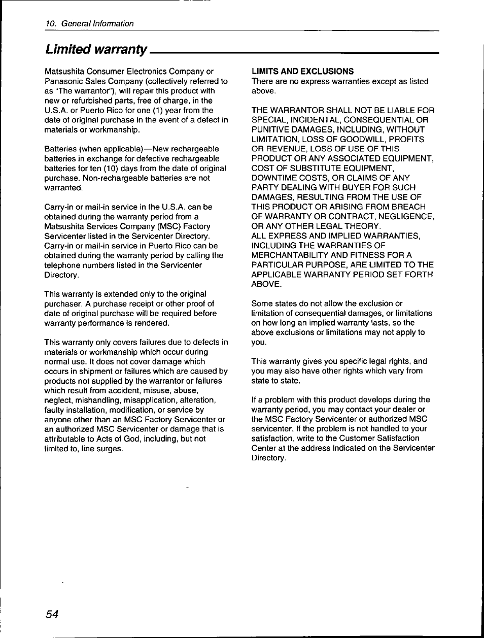 Limited warranty, Limits and exclusions | Panasonic KX-F560 User Manual | Page 54 / 60