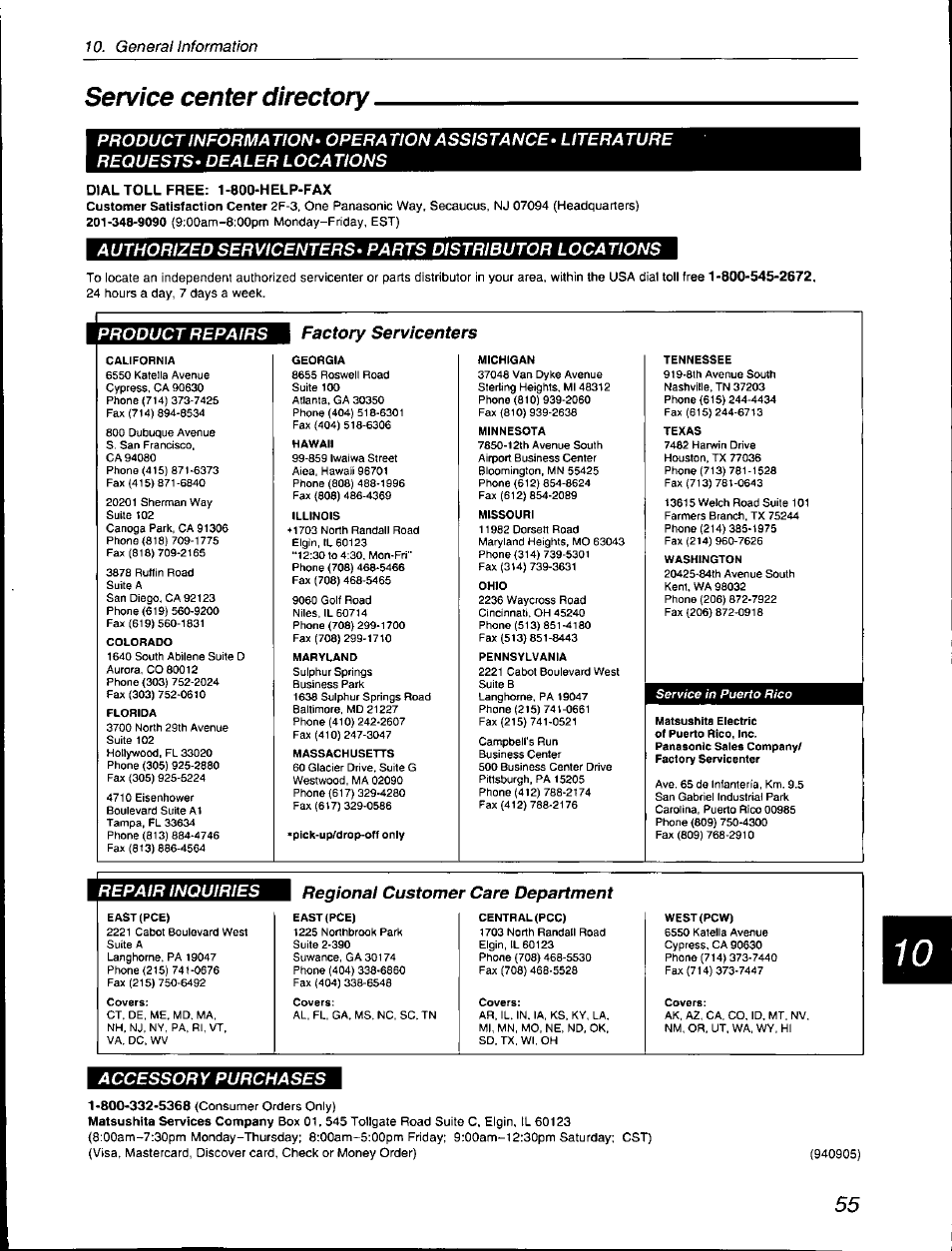 Service center directory, General information | Panasonic KX-F560 User Manual | Page 55 / 60