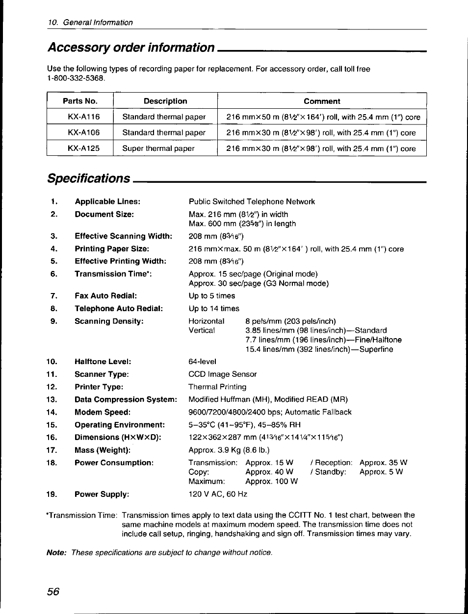 Accessory order information, Specifications | Panasonic KX-F560 User Manual | Page 56 / 60