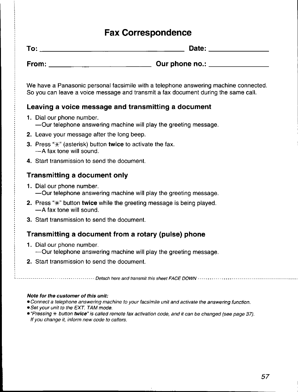 Fax correspondence, To; date; from: our phone no, Transmitting a document only | Panasonic KX-F560 User Manual | Page 57 / 60