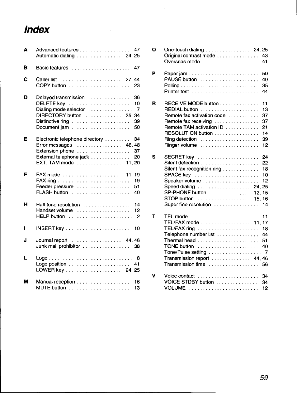 Index | Panasonic KX-F560 User Manual | Page 59 / 60