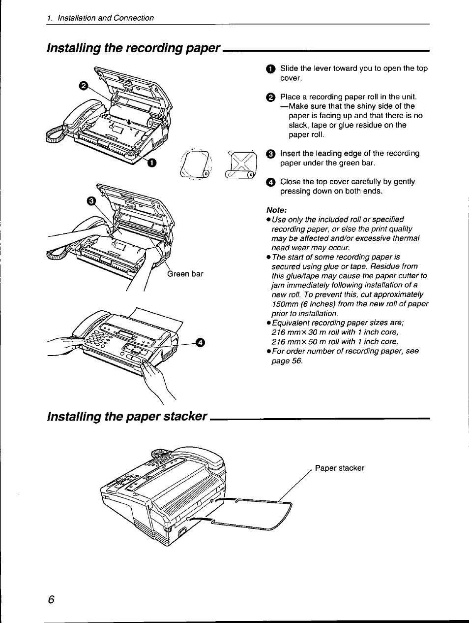 Installing the recording paper, Installing the paper stacker | Panasonic KX-F560 User Manual | Page 6 / 60