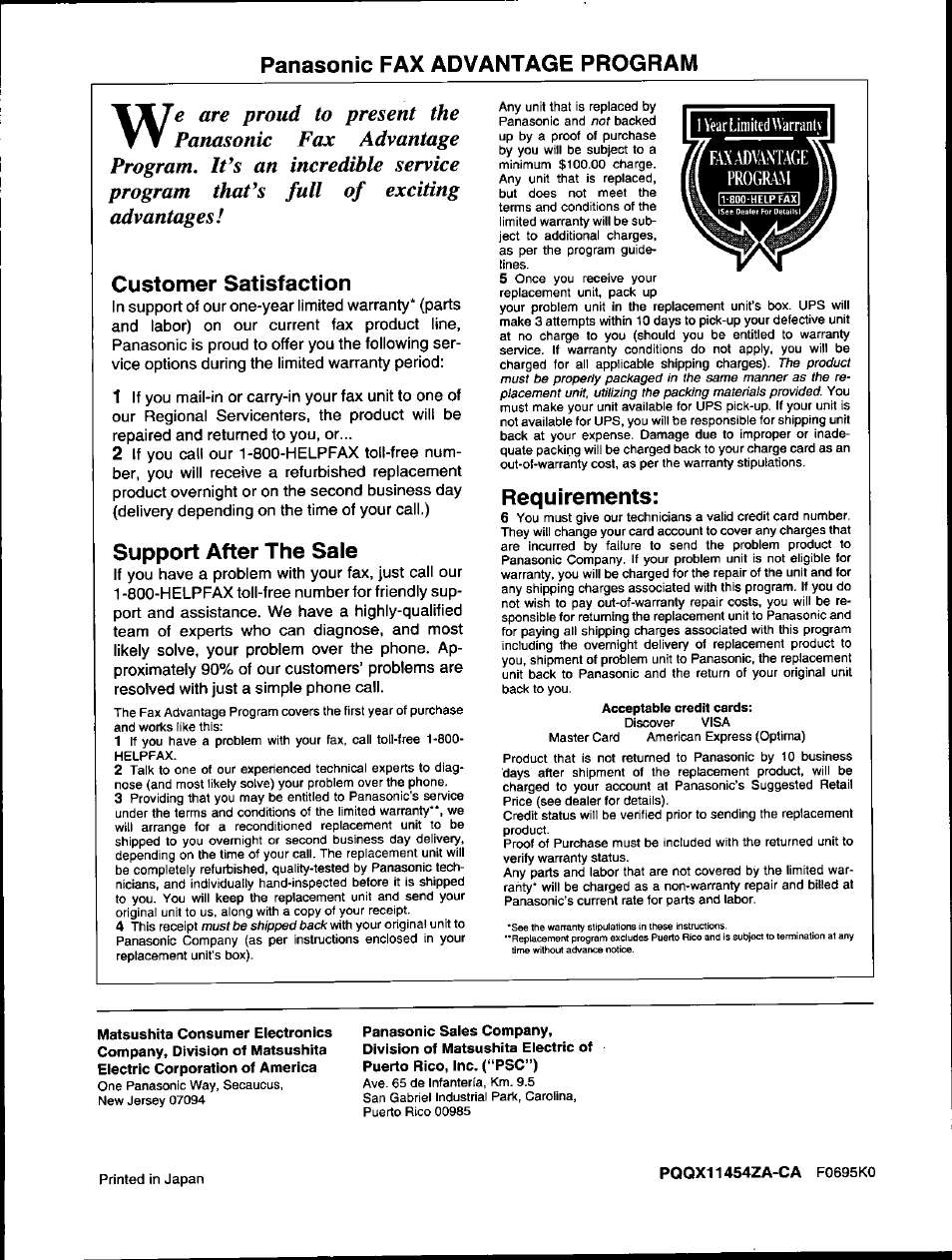 Panasonic fax advantage program, Customer satisfaction, Support after the sale | Requirements | Panasonic KX-F560 User Manual | Page 60 / 60