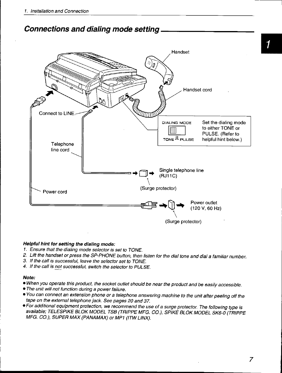 Connections and dialing mode setting | Panasonic KX-F560 User Manual | Page 7 / 60