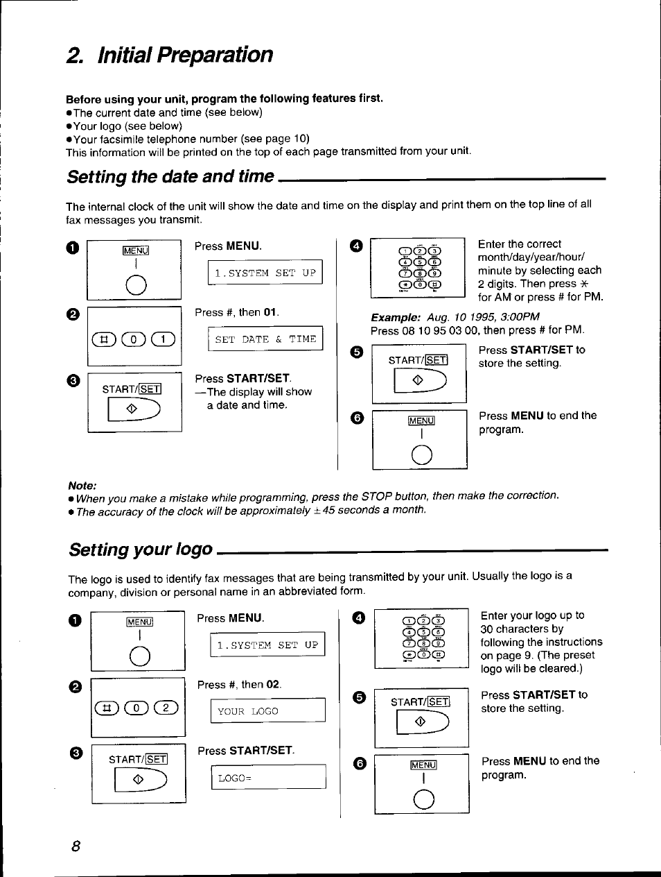 Setting the date and time, Start/mil, Setting your iogo | Setting your logo, Сюсюоз, Сю сю cd, Initial preparation, Сьфсю, Cpcpcl) | Panasonic KX-F560 User Manual | Page 8 / 60