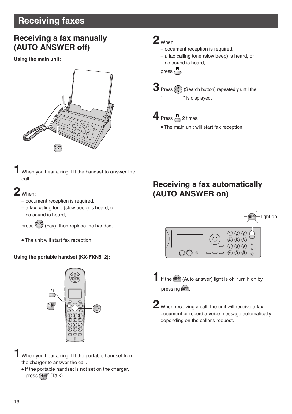 Receiving faxes, Receiving a fax manually (auto answer off), Receiving a fax automatically (auto answer on) | Panasonic KX-PW777E3 User Manual | Page 16 / 24