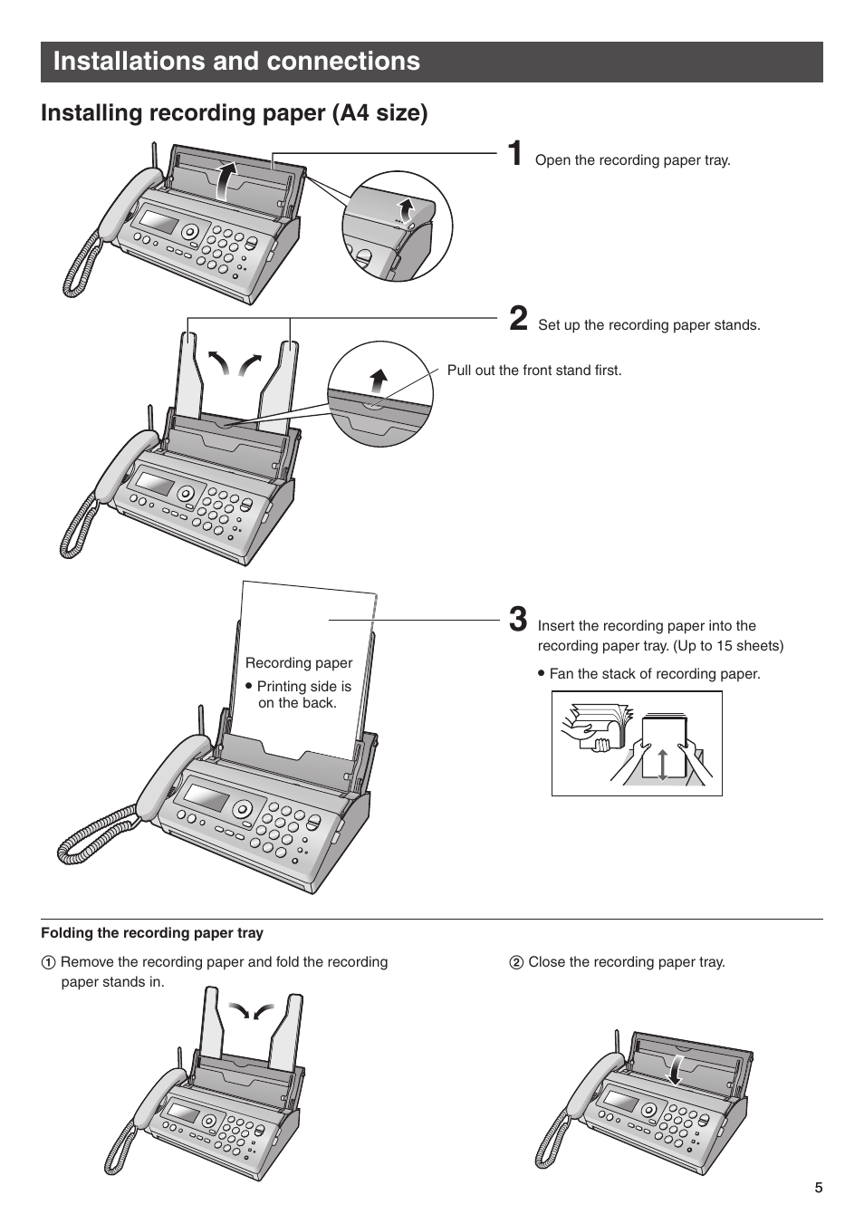 Installations and connections, Installing recording paper (a4 size) | Panasonic KX-PW777E3 User Manual | Page 5 / 24