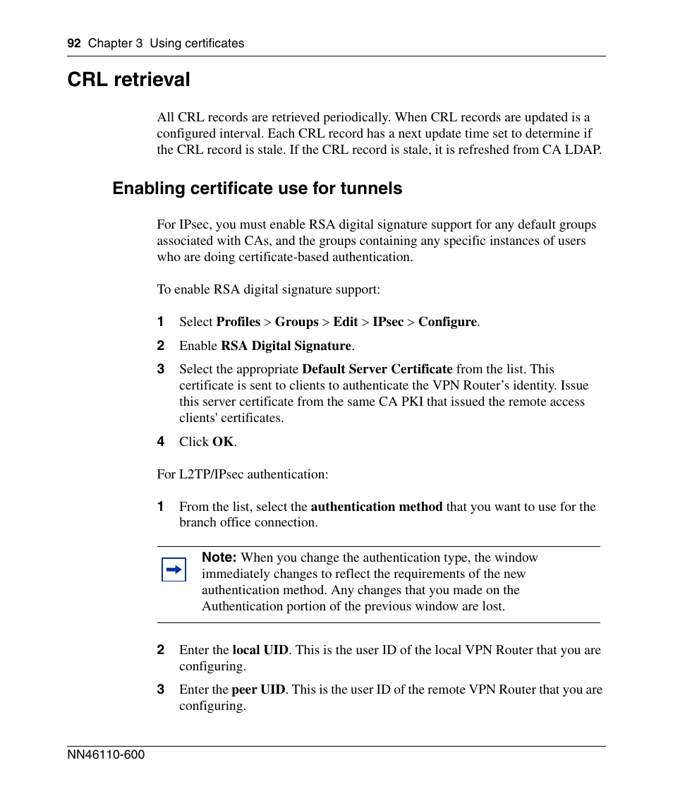 Crl retrieval, Enabling certificate use for tunnels, 2 enable rsa digital signature | Panasonic NN46110-600 User Manual | Page 102 / 110