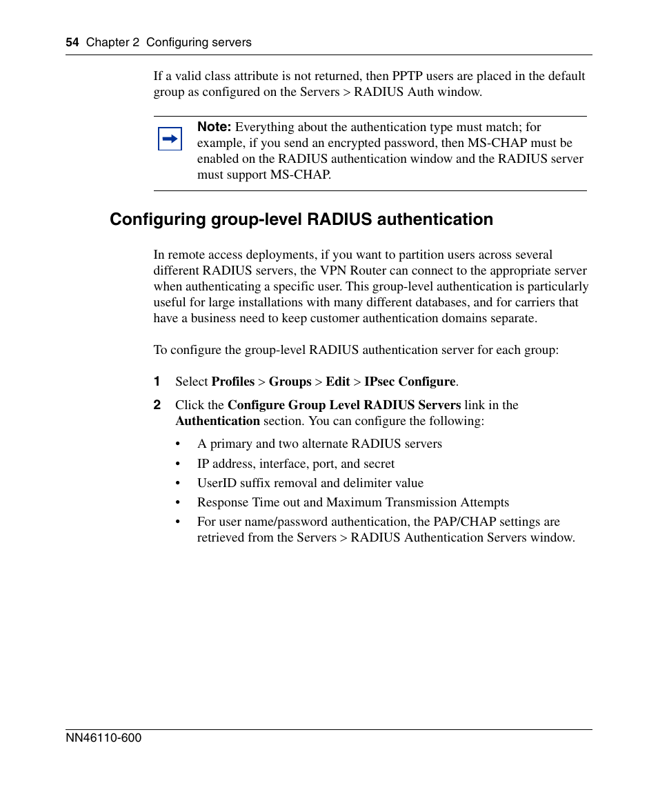 Configuring group-level radius authentication | Panasonic NN46110-600 User Manual | Page 64 / 110