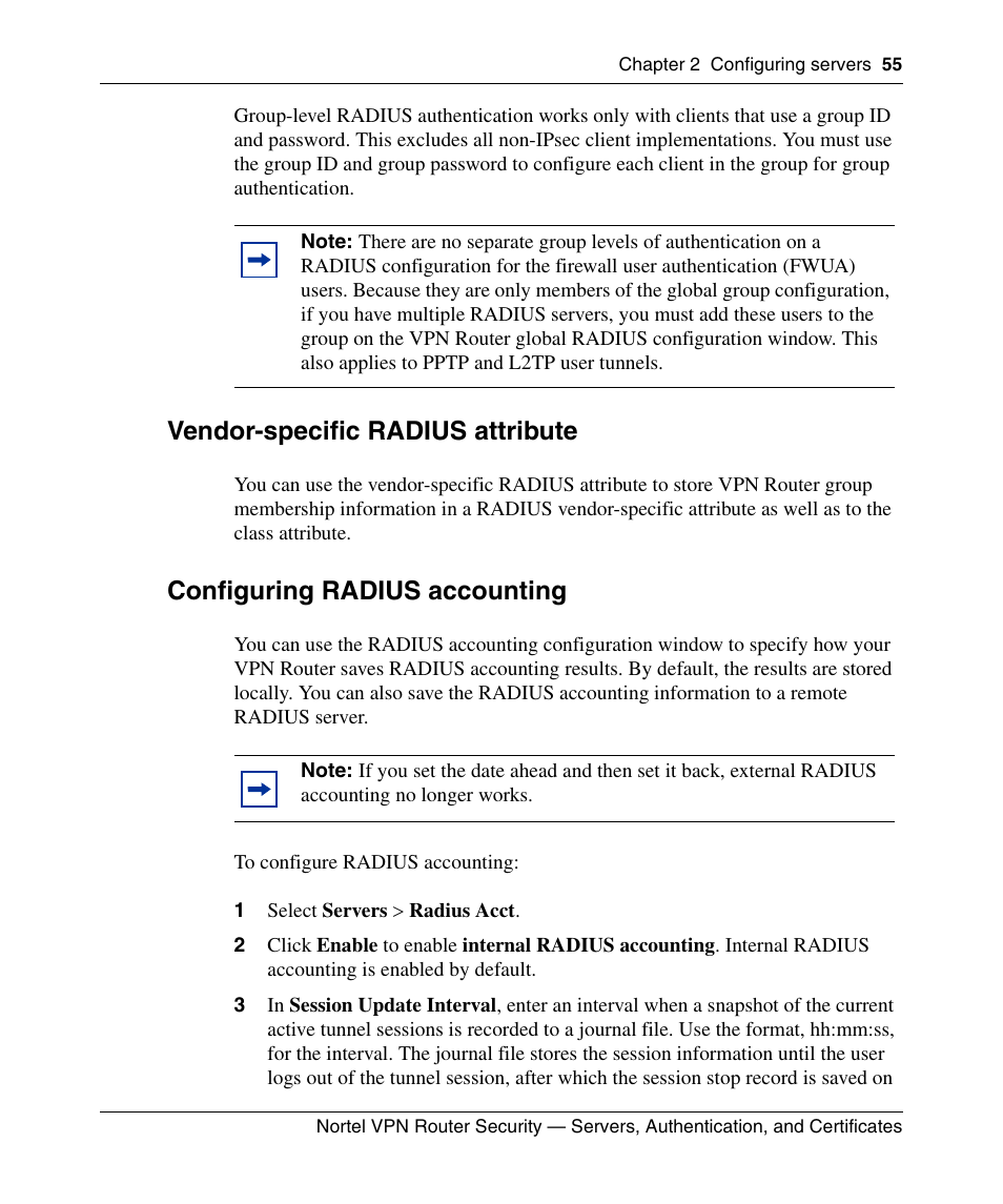 Vendor-specific radius attribute, Configuring radius accounting, 1 select servers > radius acct | Panasonic NN46110-600 User Manual | Page 65 / 110
