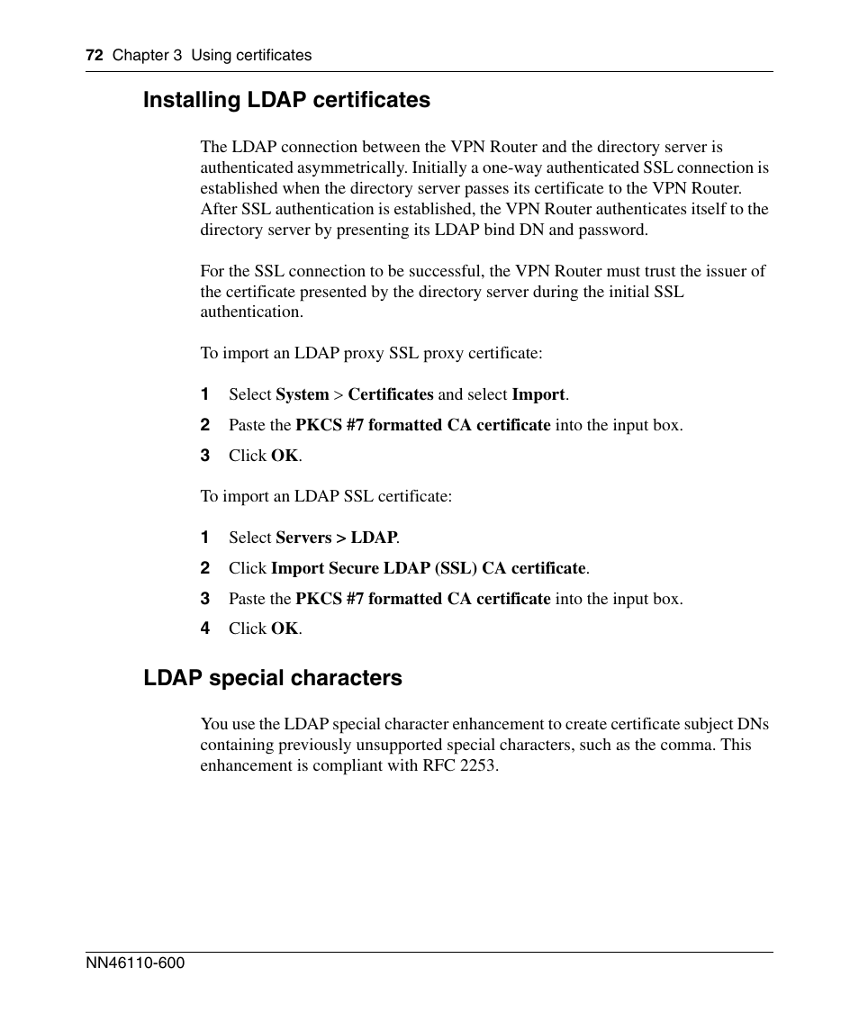 Installing ldap certificates, 1 select servers > ldap, 2 click import secure ldap (ssl) ca certificate | Ldap special characters | Panasonic NN46110-600 User Manual | Page 82 / 110