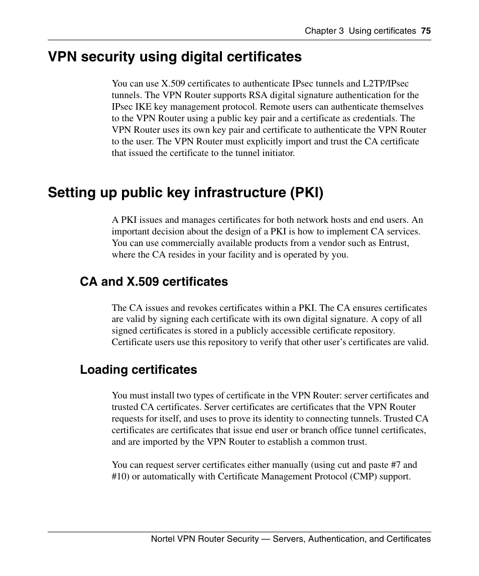 Vpn security using digital certificates, Setting up public key infrastructure (pki), Ca and x.509 certificates | Loading certificates, Using certificates | Panasonic NN46110-600 User Manual | Page 85 / 110